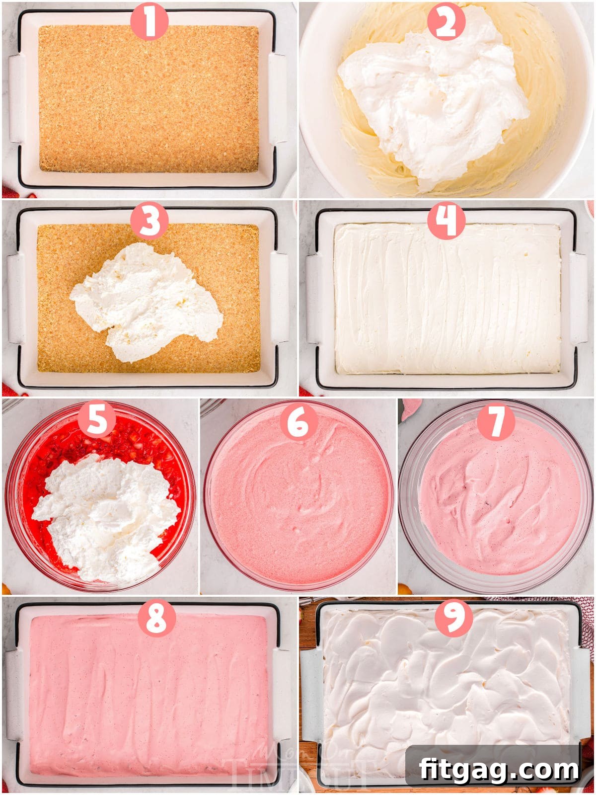 A four-panel photo collage displaying the key stages of making strawberry lasagna: crushing wafers for the crust, spreading the cheesecake layer, mixing the strawberry gelatin layer, and topping with whipped cream.