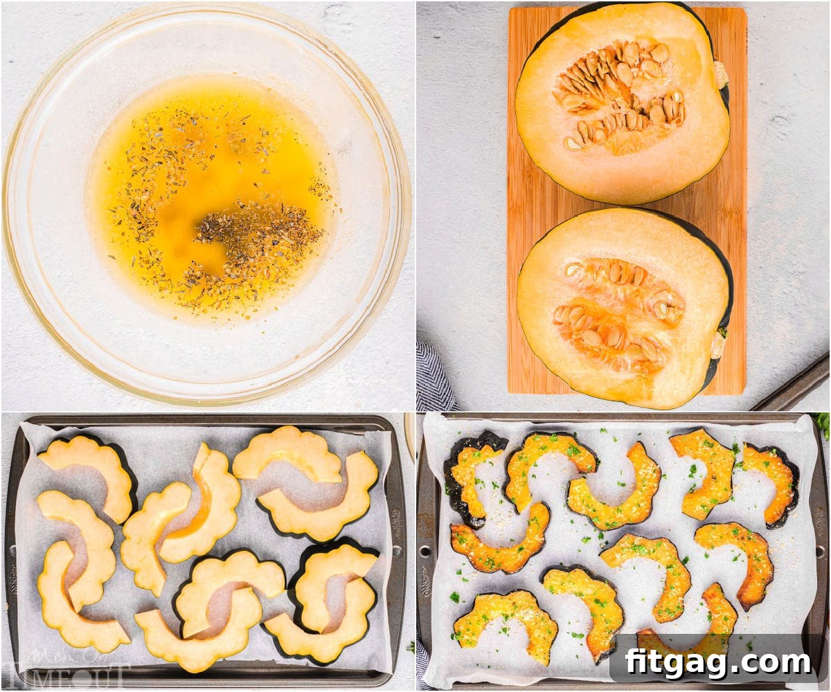 Golden Roasted Acorn Squash 5 Collage of process shots for making roasted acorn squash.
