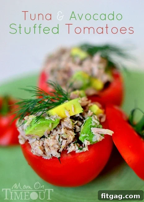 Tuna and Avocado Stuffed Tomatoes make a lighter lunch packed full of nutrients! Easy, healthy and delicious! // Mom On Timeout