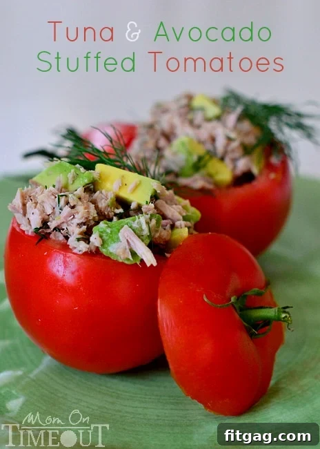 Tuna and Avocado Stuffed Tomatoes make a lighter lunch packed full of nutrients! Easy, healthy and delicious! // Mom On Timeout