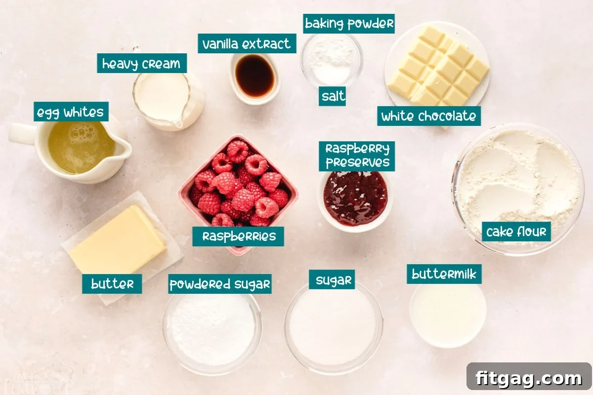 White chocolate raspberry cake ingredients laid and out ready to be used in the recipe.