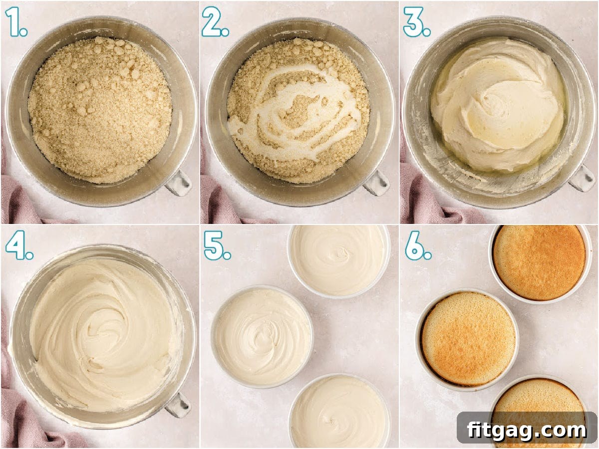 Six image collage showing how to make vanilla cakes.