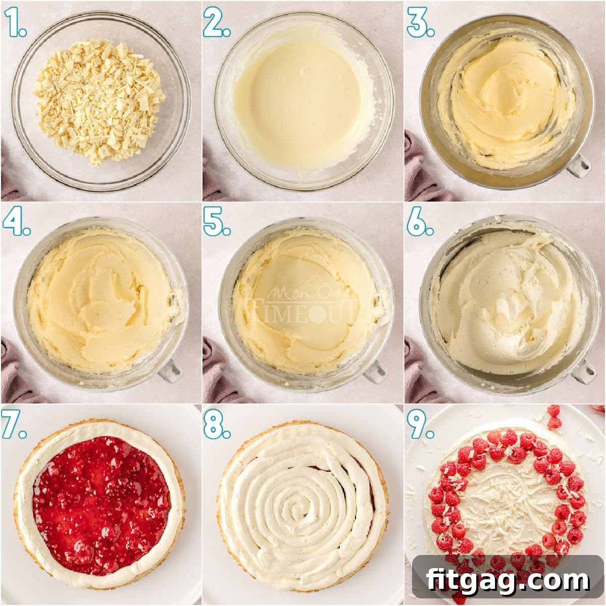 nine image collage showing how to make white chocolate buttercream and how to assembly white chocolate raspberry cake.