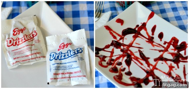 Kids dipping Eggo waffles into fruit drizzlers for a fun and interactive breakfast.