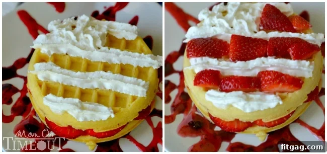 Creating white stripes on a waffle with whipped cream for a patriotic flag design.