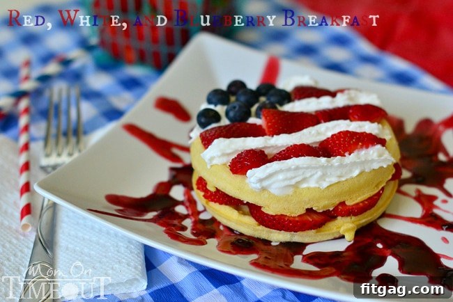 Finished Red, White, and Blueberry Waffle Flag, a festive breakfast idea for patriotic holidays.