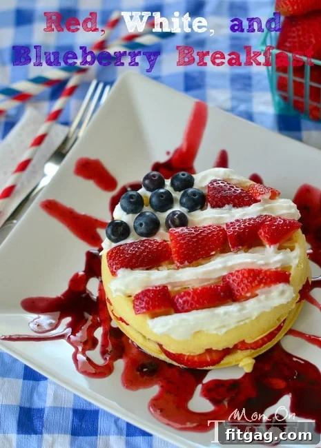 Red, White, and Blueberry Waffle Flag recipe card, perfect for Memorial Day and 4th of July celebrations.