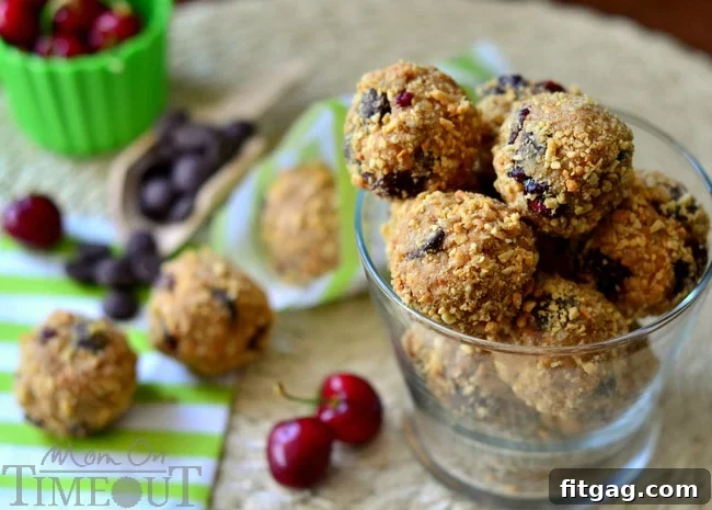 Dark Chocolate and Cherry Peanut Butter Oat Bites | MomOnTimeout.com Close-up of Dark Chocolate and Cherry Peanut Butter Oat Bites in a bowl, ready for snacking.