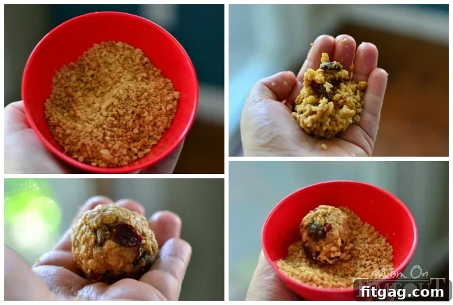 Dark Chocolate and Cherry Peanut Butter Oat Bites | MomOnTimeout.com Collage of Dark Chocolate and Cherry Peanut Butter Oat Bites, showcasing ingredients and finished product.