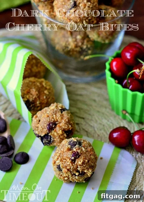 Dark Chocolate and Cherry Peanut Butter Oat Bites | MomOnTimeout.com Dark Chocolate and Cherry Peanut Butter Oat Bites stacked creatively.