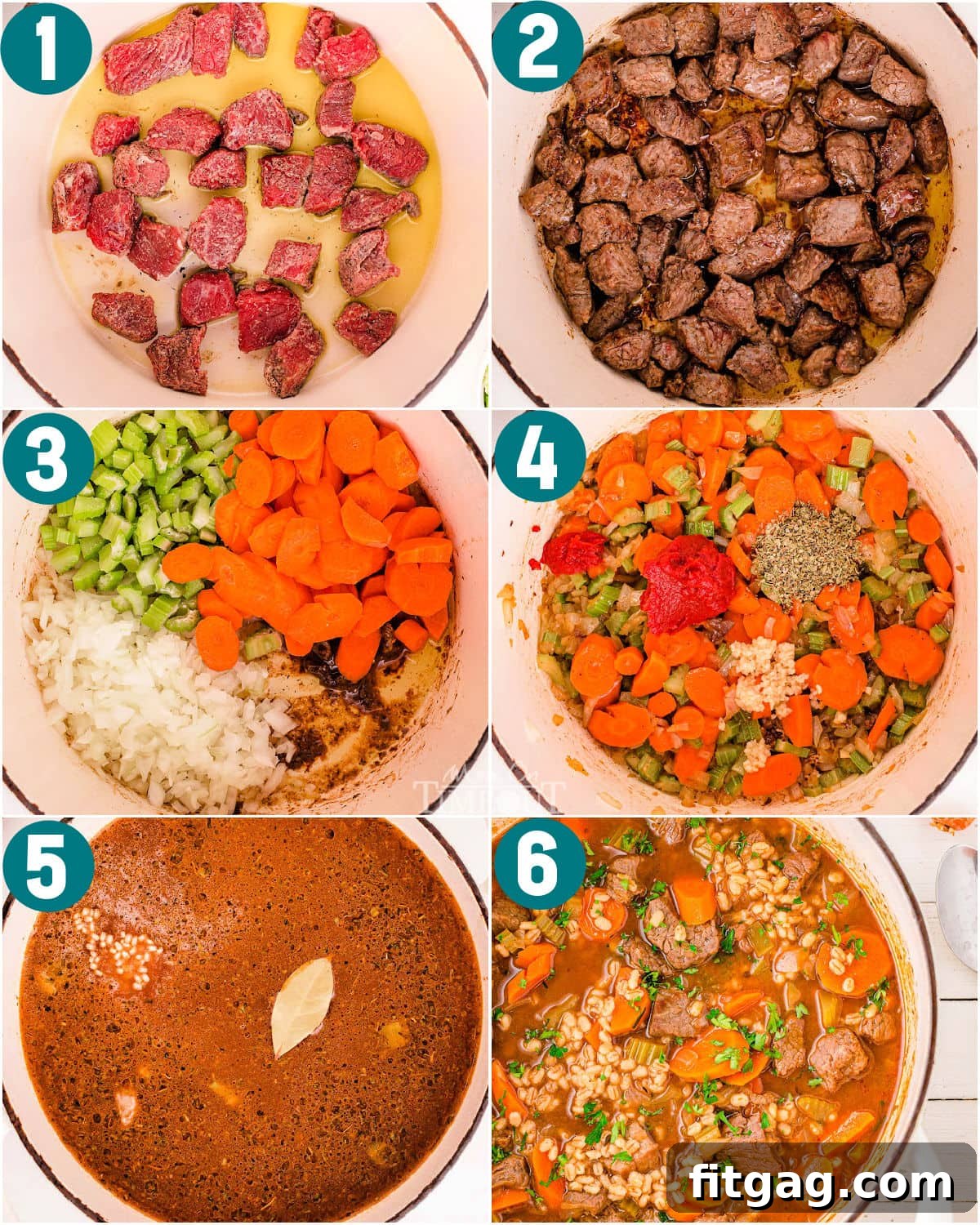 Hearty Beef and Barley Comfort Bowl 5 A collage of process shots showing how to make beef and barley soup.