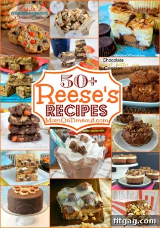 A collection of 50+ Reese's Recipes including brownies, cookies, fudge, cake, donuts, popcorn, milkshake, and cheesecake