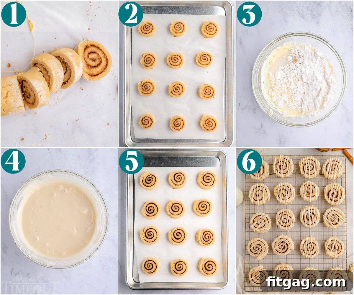 Cinnamon Swirl Delights 6 Collage of process shots that show how to make cinnamon roll cookies.