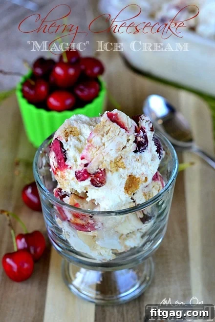 Cherry Cheesecake Magic Ice Cream is the perfect treat on hot summer days! Made with just a handful of ingredients, this easy ice cream recipe doesn't require a machine - it's magic! // Mom On Timeout