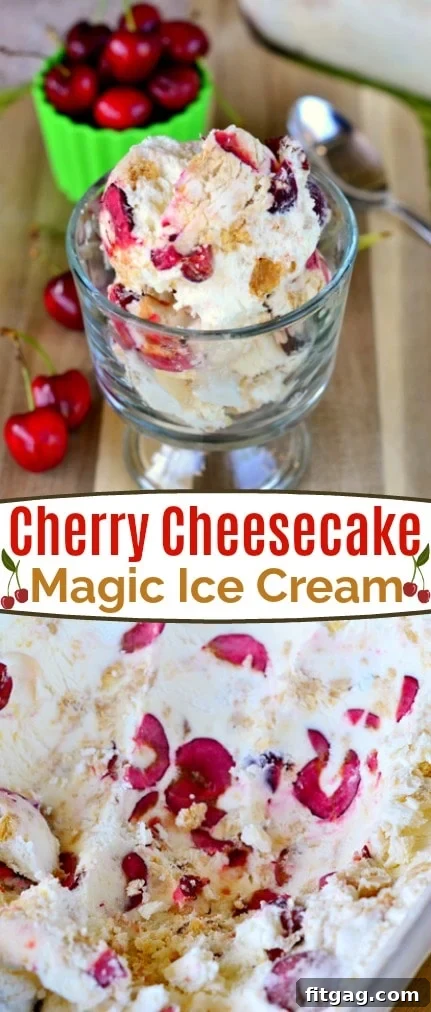 Scoops of Cherry Cheesecake Magic Ice Cream in a bowl, showing the creamy texture and cherry chunks.