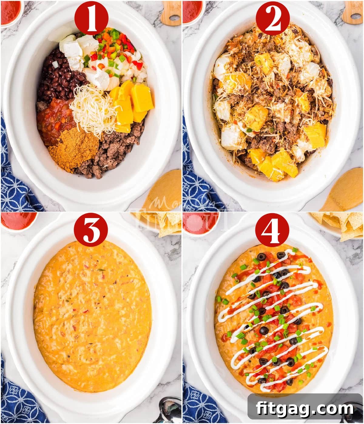 Warm and Cheesy Slow Cooker Taco Dip 5 A collage of process shots that show how to make crockpot taco dip.