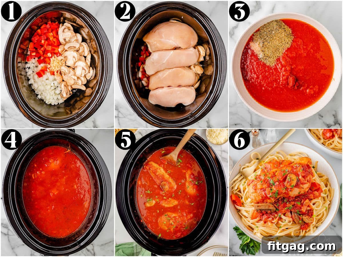 A four-panel collage showing the step-by-step process of making slow cooker chicken cacciatore, from layering ingredients to the finished dish.