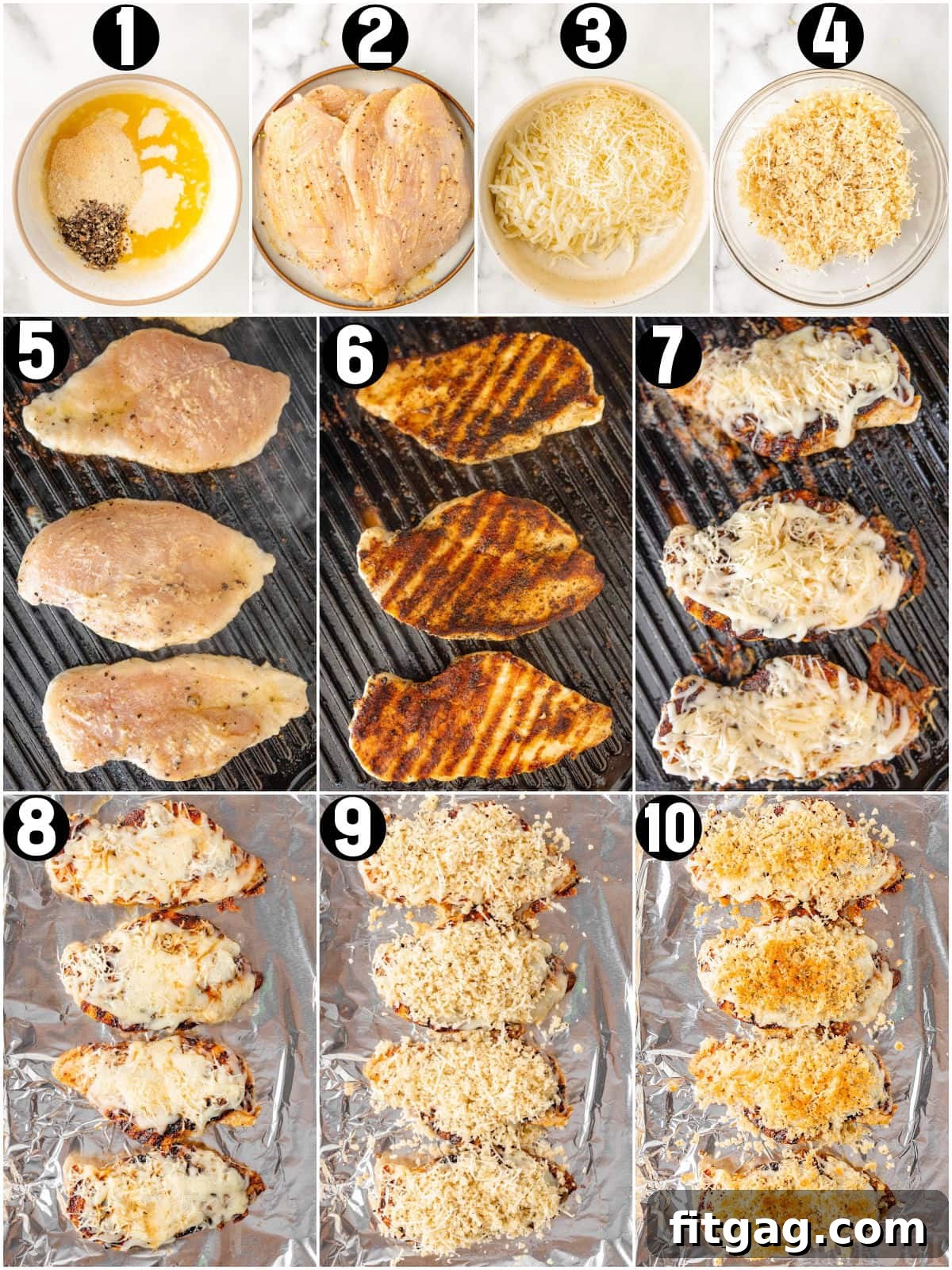 A collage of process shots that show how to make the Longhorn parmesan crusted chicken recipe.