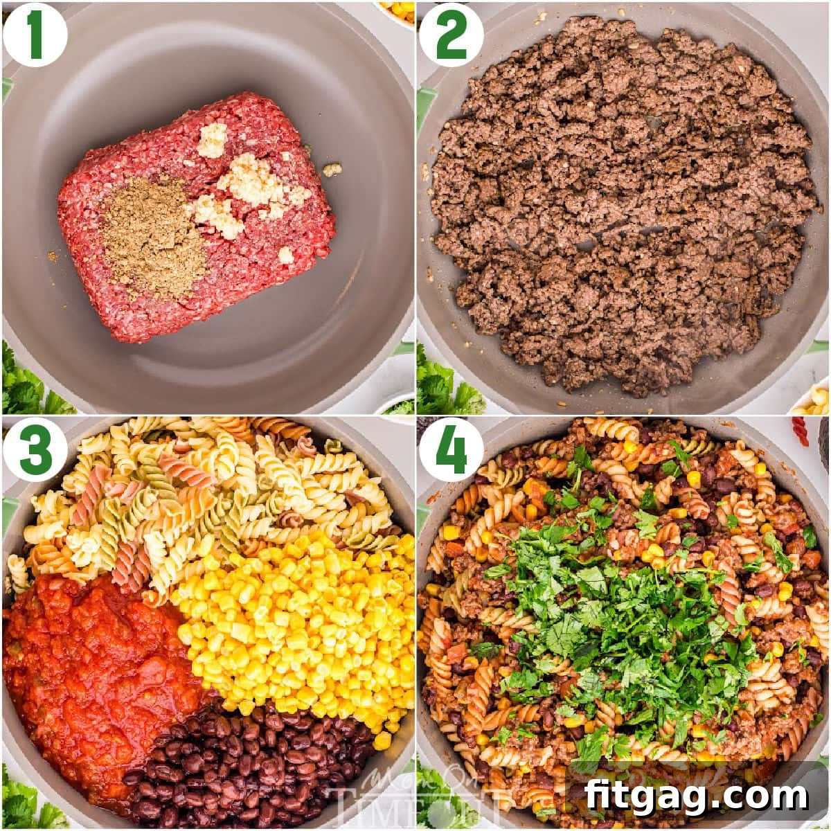 A four-image collage demonstrating the simple, step-by-step process of making this easy taco pasta recipe.