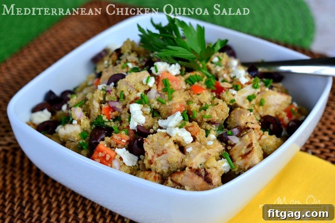 Close-up of Mediterranean Chicken Quinoa Salad with fresh ingredients