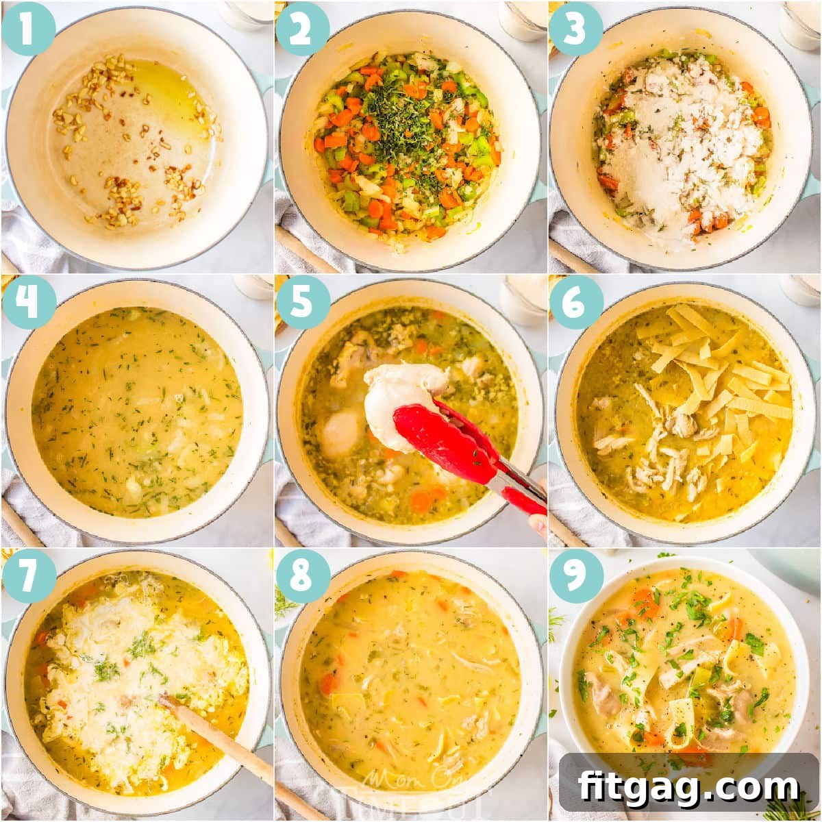A collage of sequential images demonstrating the cooking process for creamy chicken noodle soup, from sautéing vegetables to the final creamy broth.