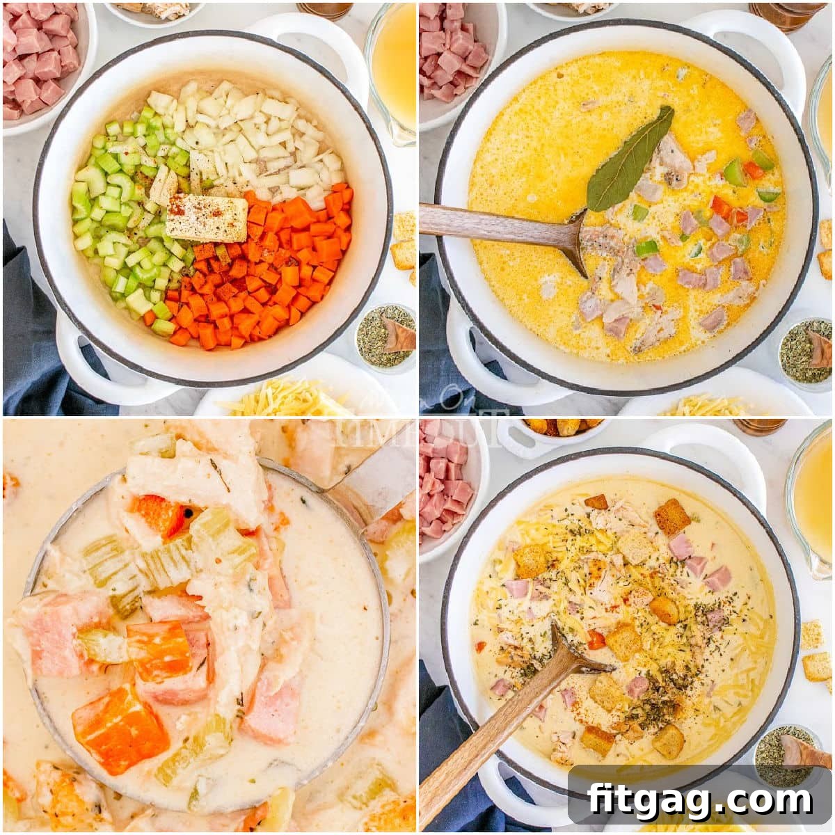 A four-image collage illustrating the step-by-step process of making Chicken Cordon Bleu Soup, from sautéing vegetables to the finished creamy soup.