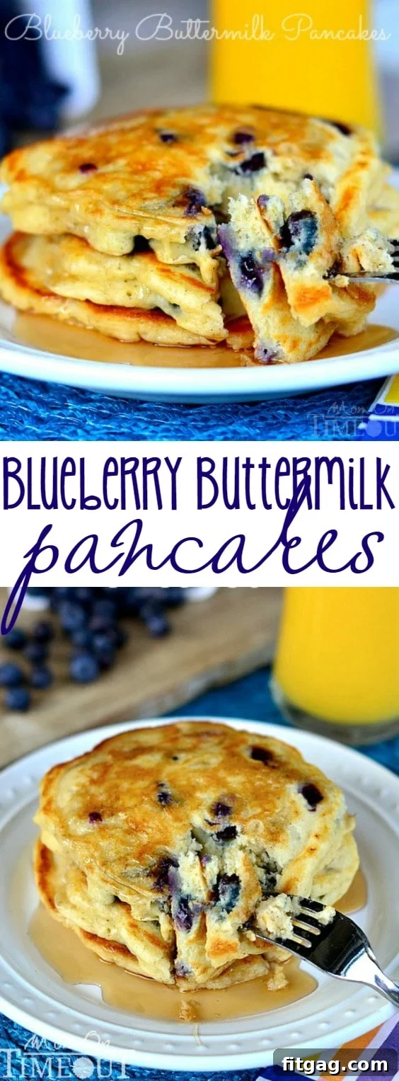 Two-image collage showing a stack of Blueberry Buttermilk Pancakes with syrup and a close-up of a pancake with a bite taken out, revealing its fluffy interior and blueberries.