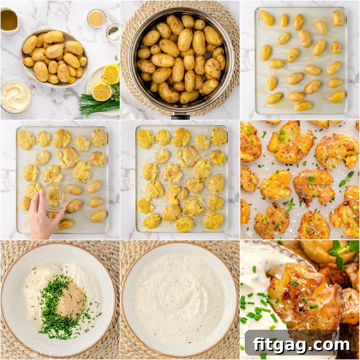 Nine image collage showing how to make smashed potatoes and a sour cream dip.