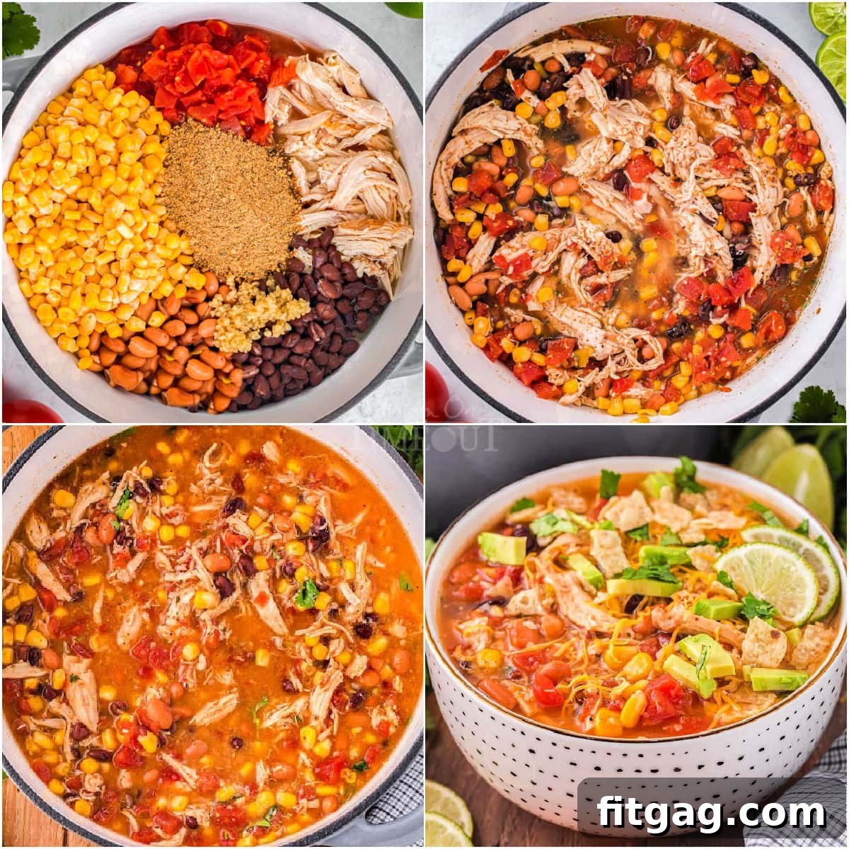 A 4 photo collage that shows the steps for making chicken taco soup.