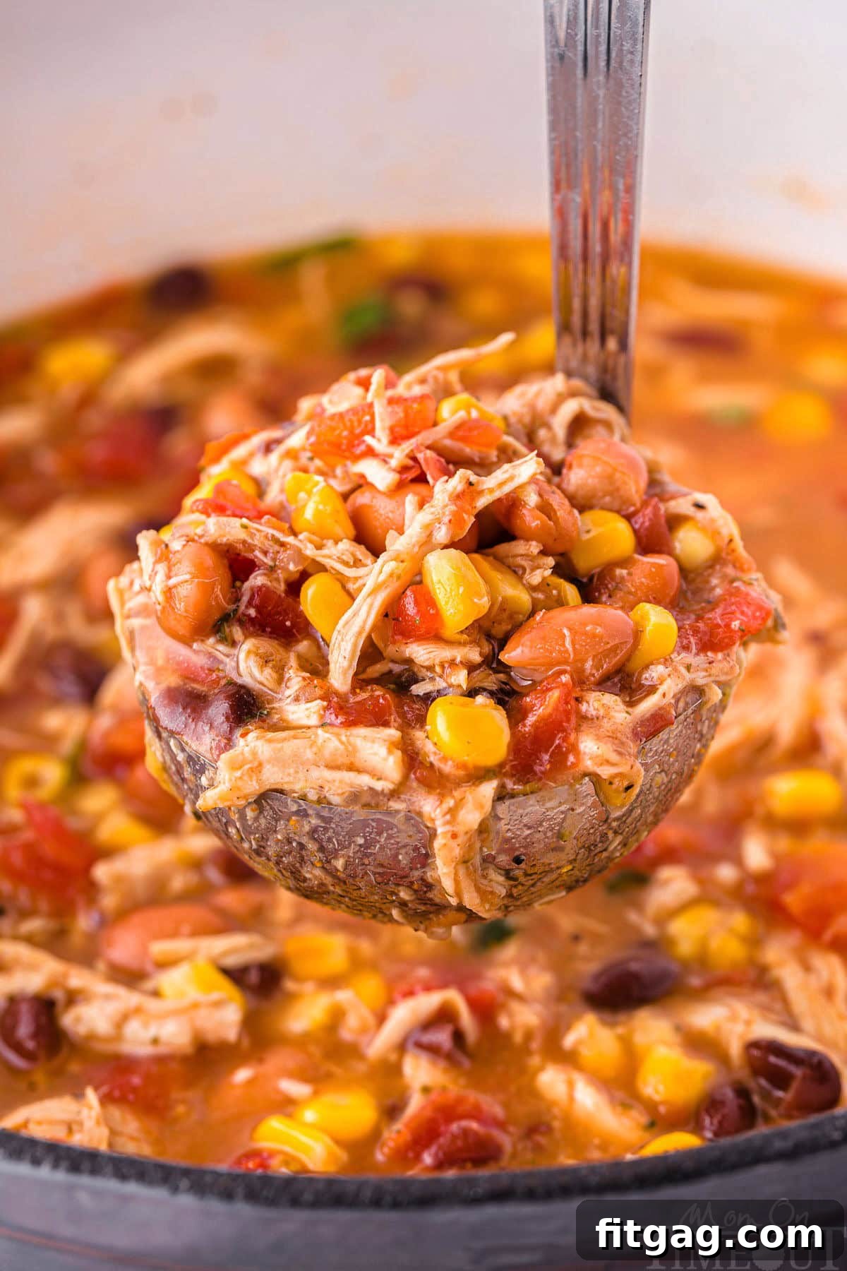 A soup ladle holding a scoop of chicken taco soup over the pot of soup.