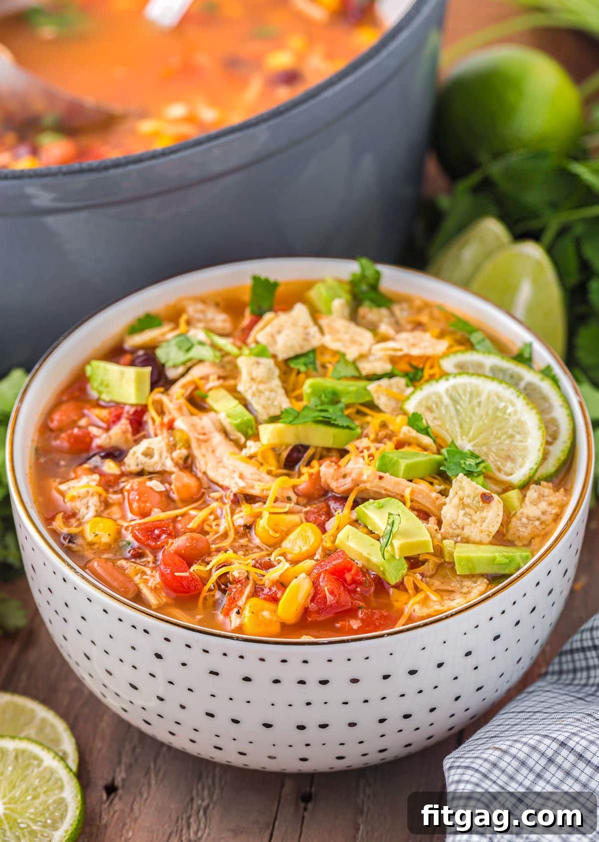 A side view of a bowl of chicken taco soup with the dutch oven in the background.