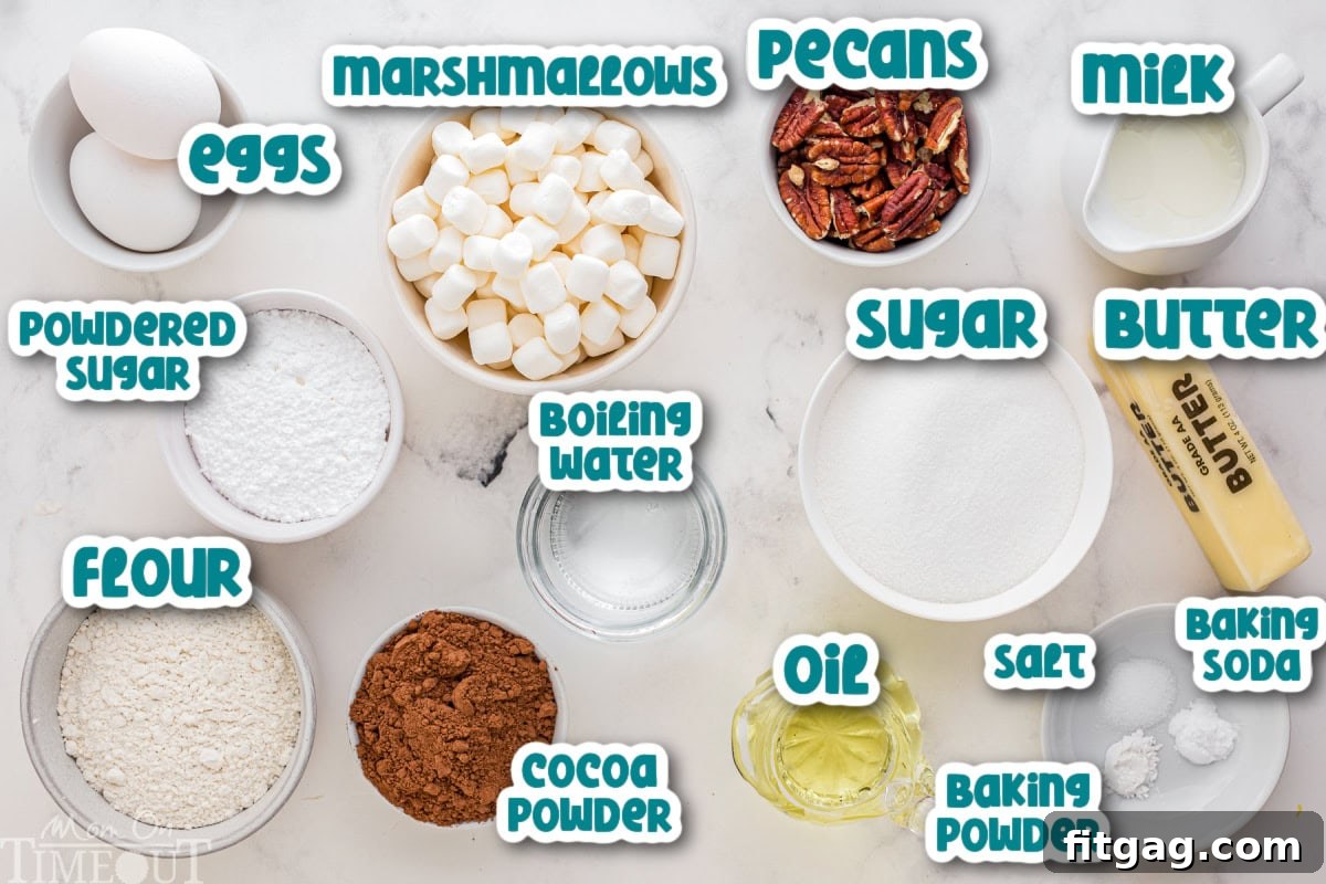 Riverbend Chocolate Dream 5 A beautifully arranged top-down view displaying all the essential ingredients meticulously measured out and prepared for making the Mississippi Mud Cake. Each ingredient is clearly labeled, providing a helpful visual guide for bakers.
