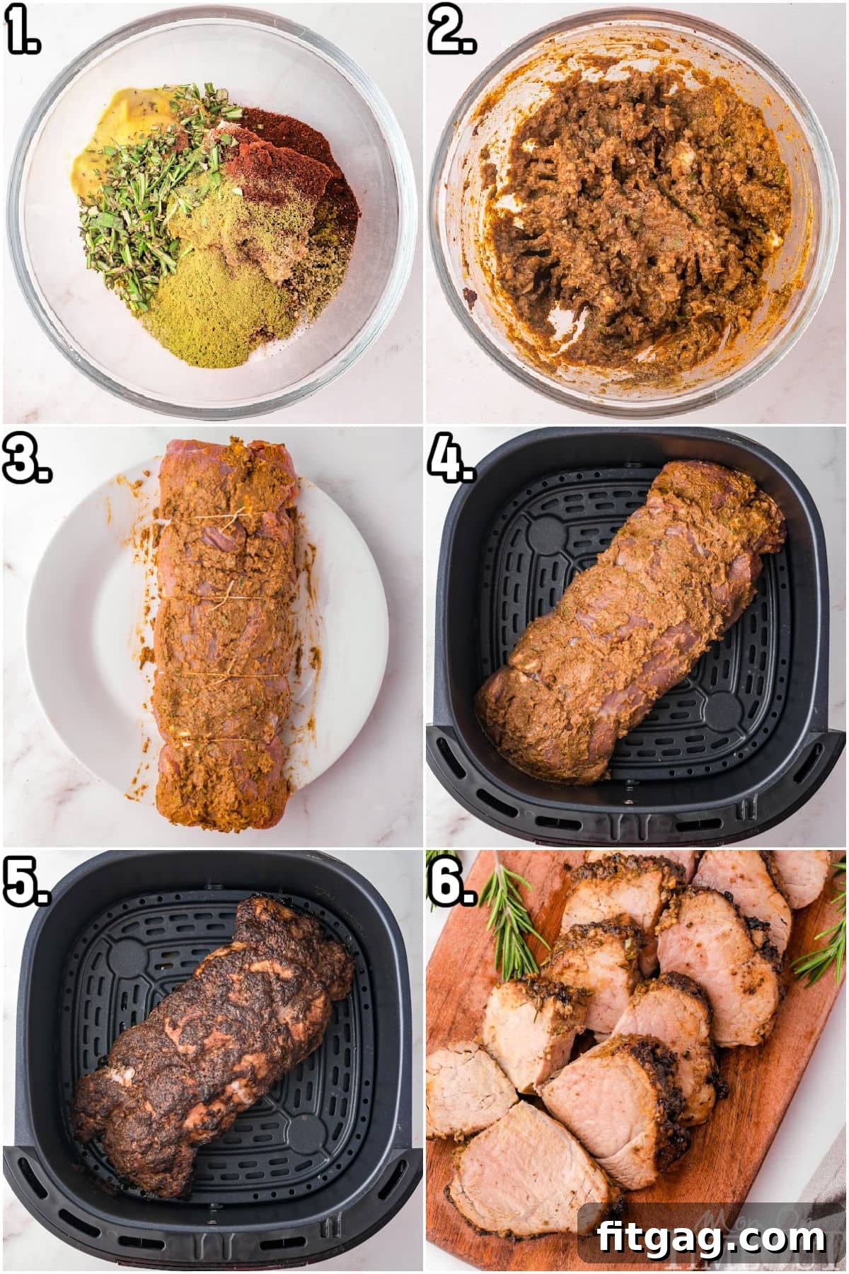 Perfectly Tender Air Fryer Pork Tenderloin 5 A six-image collage illustrating the steps for preparing and cooking pork tenderloin in an air fryer.