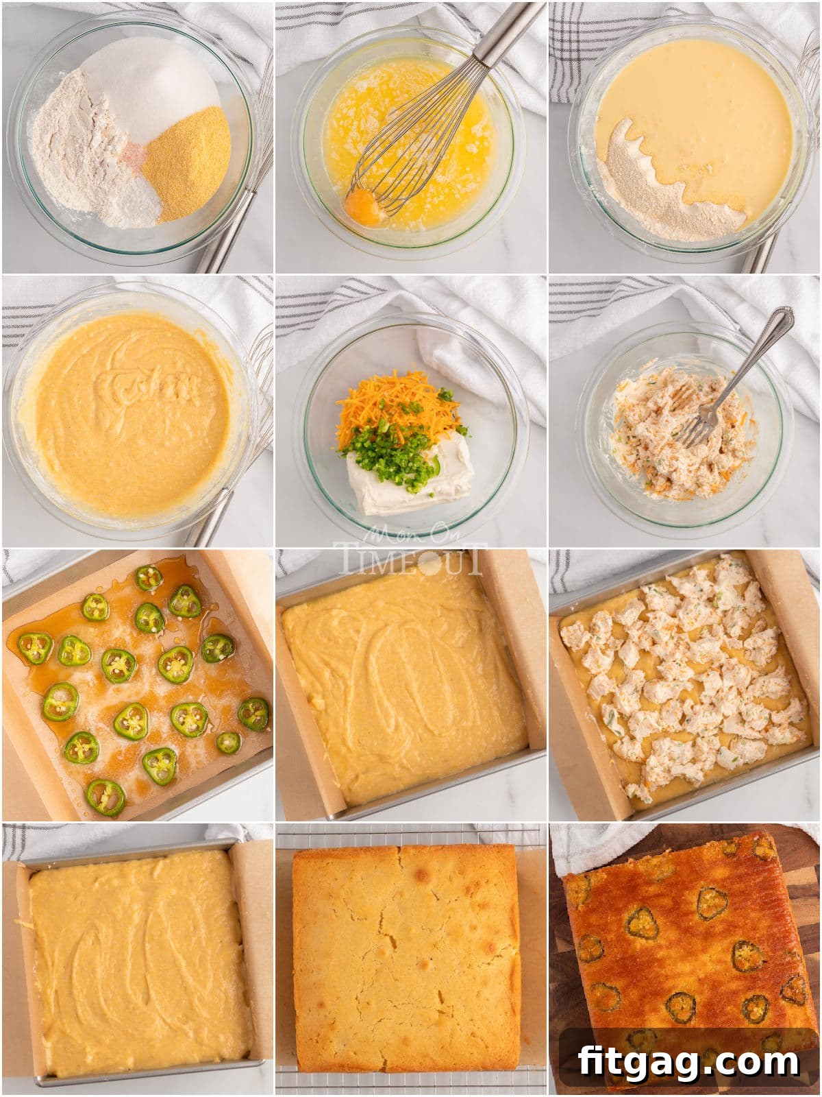 Spicy Cornbread Kick 4 Twelve image collage showing how to make jalapeno cornbread step by step.