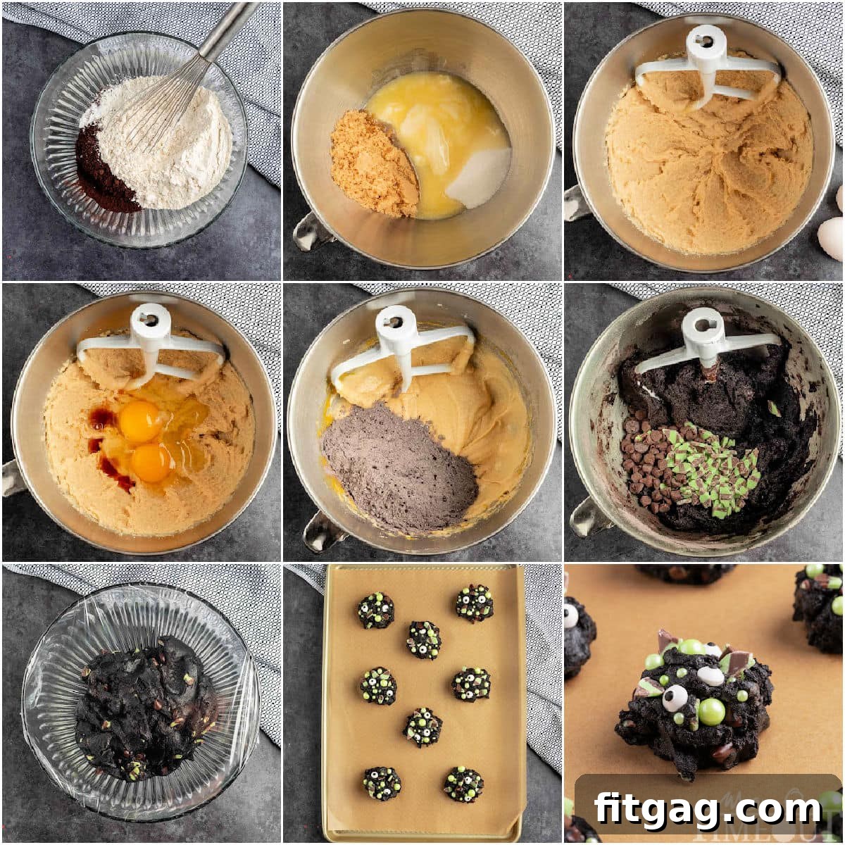 A collage of nine process shots that shows the steps for making Halloween Monster Cookies.