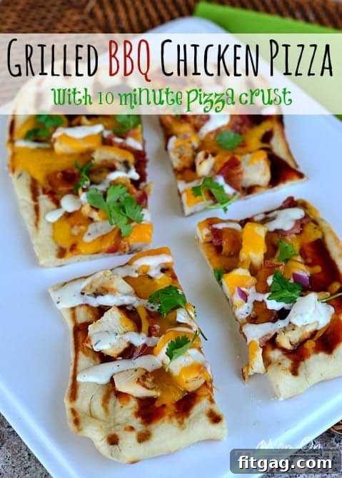 A freshly cooked grilled BBQ chicken pizza, garnished with cilantro, on a wooden board.
