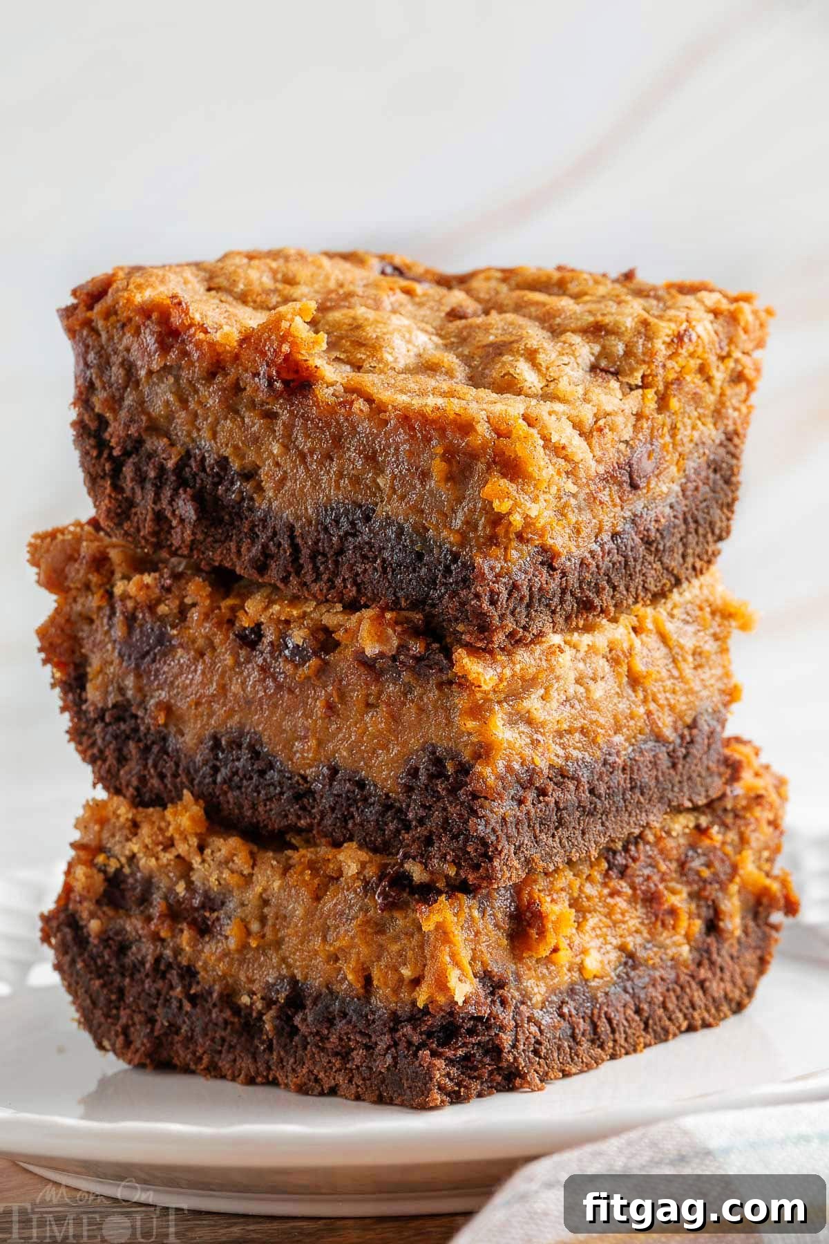Swirled Chocolate Pumpkin Cheesecake Squares 2 A stack of rich chocolate pumpkin cheesecake bars, elegantly presented on a pristine white plate, showcasing their distinct layers and crumble topping.