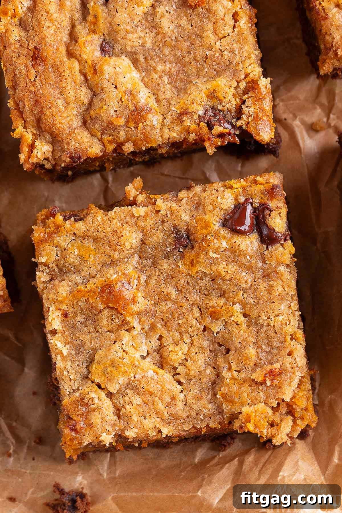 Swirled Chocolate Pumpkin Cheesecake Squares 3 A top-down view of freshly baked chocolate pumpkin cheesecake bars resting on a rustic piece of brown parchment paper, highlighting their golden crumble.