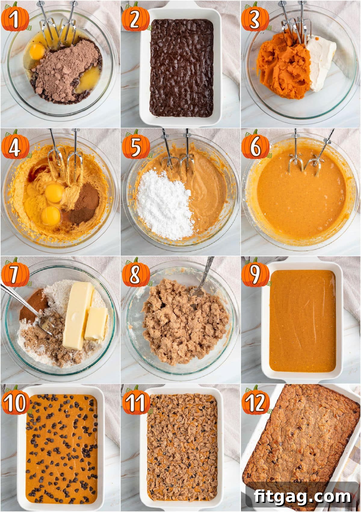 Swirled Chocolate Pumpkin Cheesecake Squares 5 A twelve-image collage showcasing the step-by-step process of making chocolate pumpkin cheesecake bars, from mixing ingredients to the final baked result.