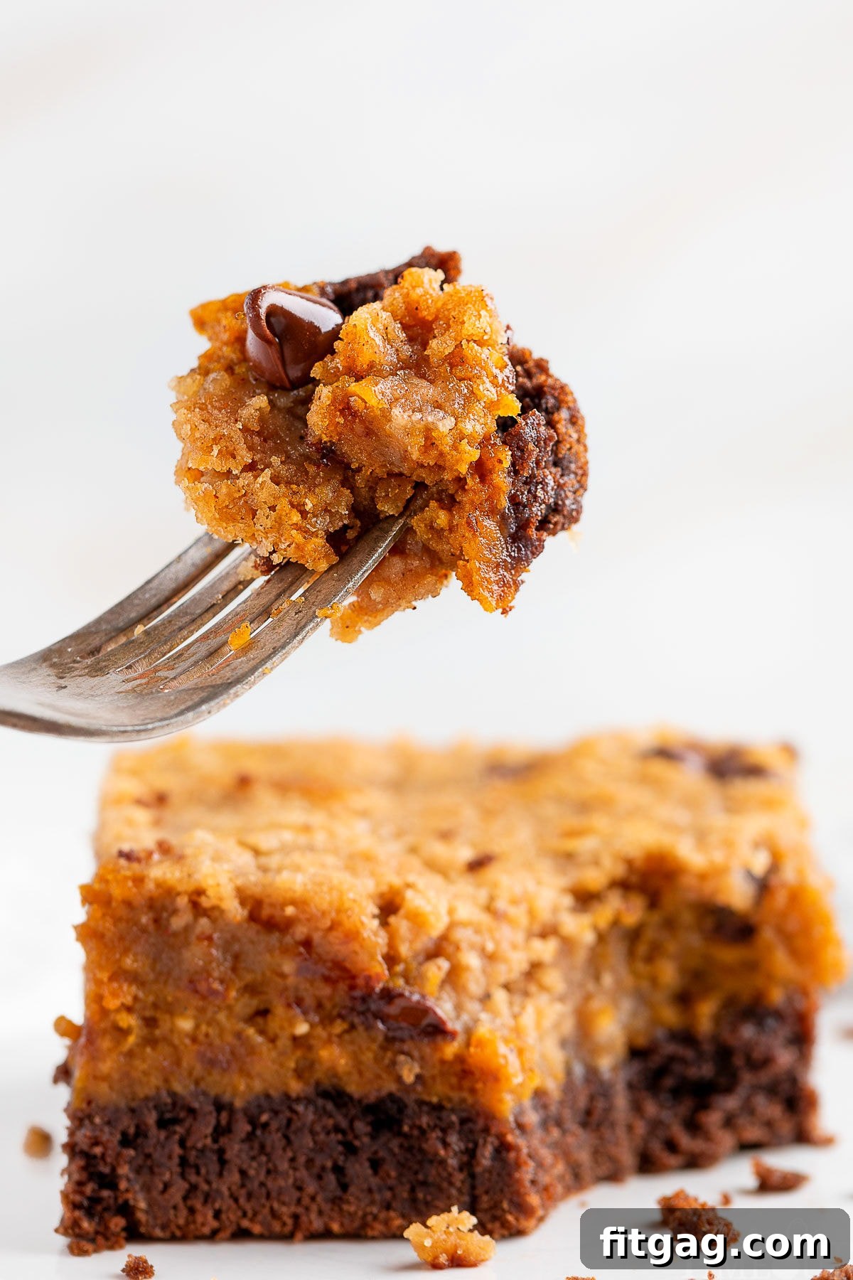 Swirled Chocolate Pumpkin Cheesecake Squares 7 A fork lifts a single bite of chocolate pumpkin cheesecake bar from a whole bar, artfully placed on a white plate, highlighting the delicious layers.