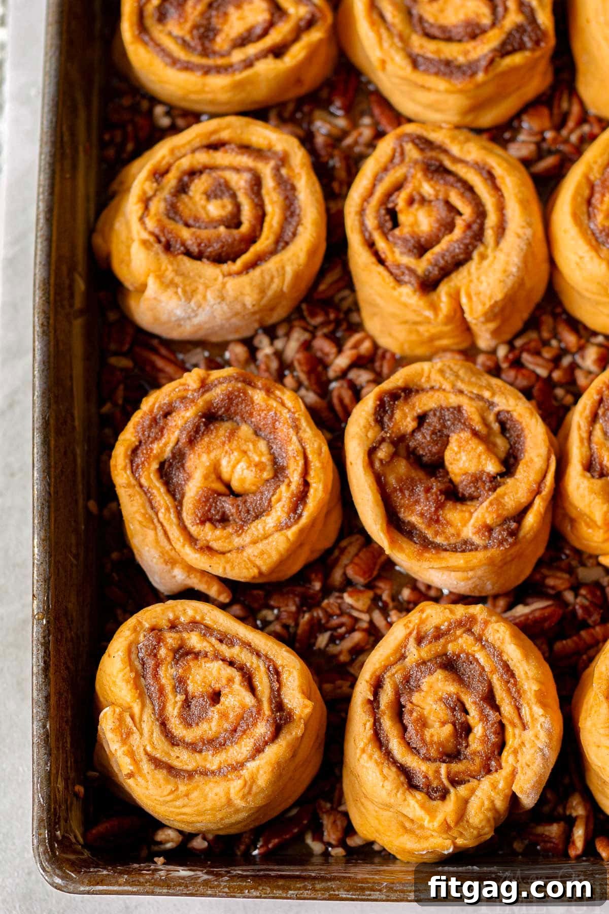 An overhead view of unbaked pumpkin sticky buns nestled in a baking pan, generously topped with pecans and caramel sauce, ready for the oven.