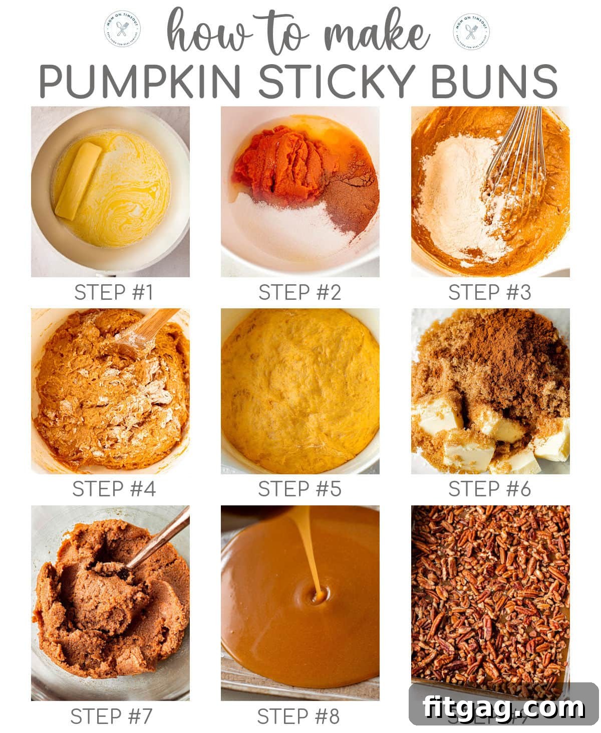 A nine-image collage illustrating the step-by-step process of making pumpkin sticky bun dough, from mixing ingredients to the first rise, with a descriptive title overlay.