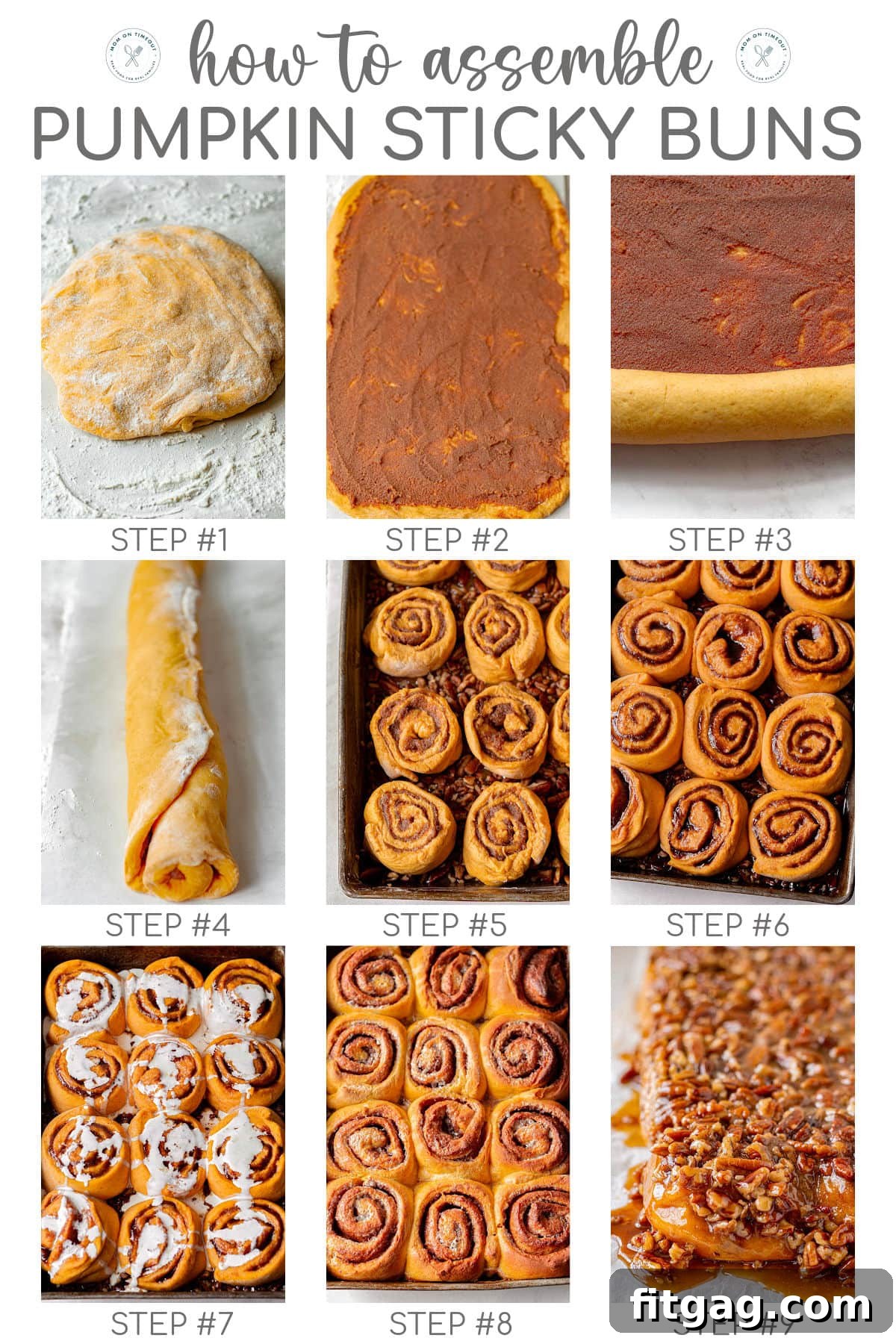 A nine-image graphic demonstrating the assembly process of pumpkin sticky buns, from rolling and filling the dough to slicing, arranging in the pan, and the final bake.