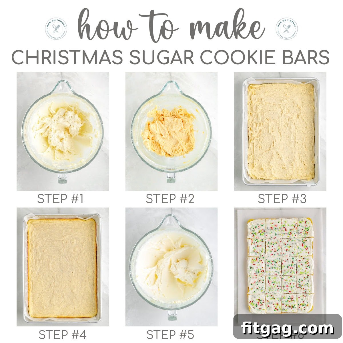Festive Frosted Sugar Cookie Bars 5 A 6-image collage illustrating the key steps involved in making these delicious Christmas sugar cookie bars.