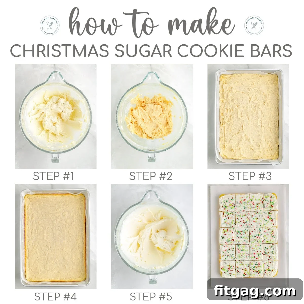Festive Frosted Sugar Cookie Bars 5 A 6 image collage that shows the steps for making sugar cookie bars.