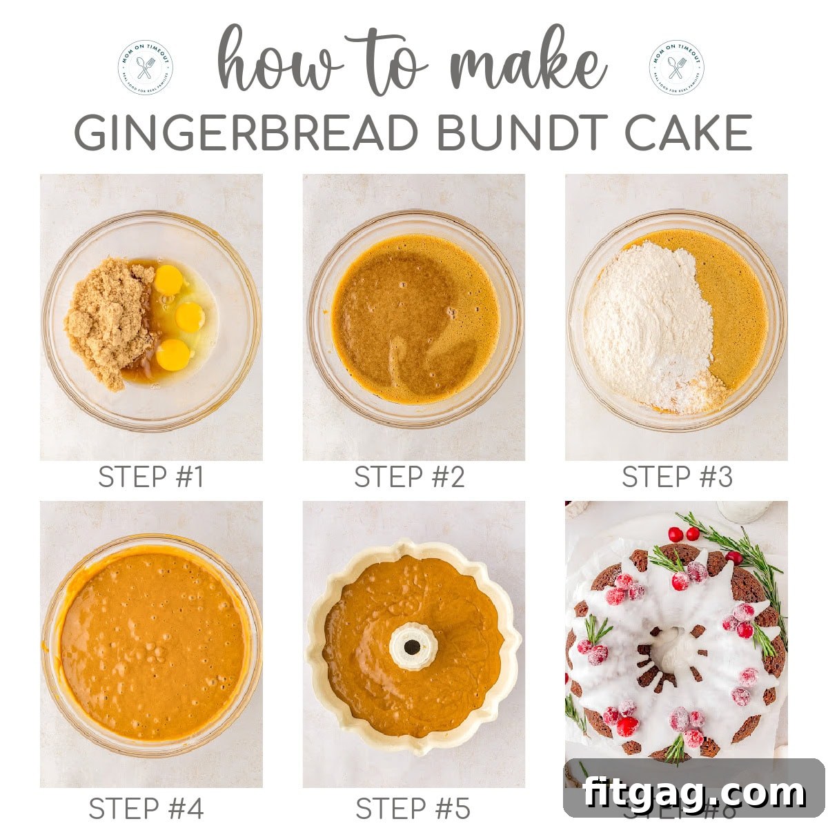 A six image collage that shows the steps for making gingerbread bundt cake.