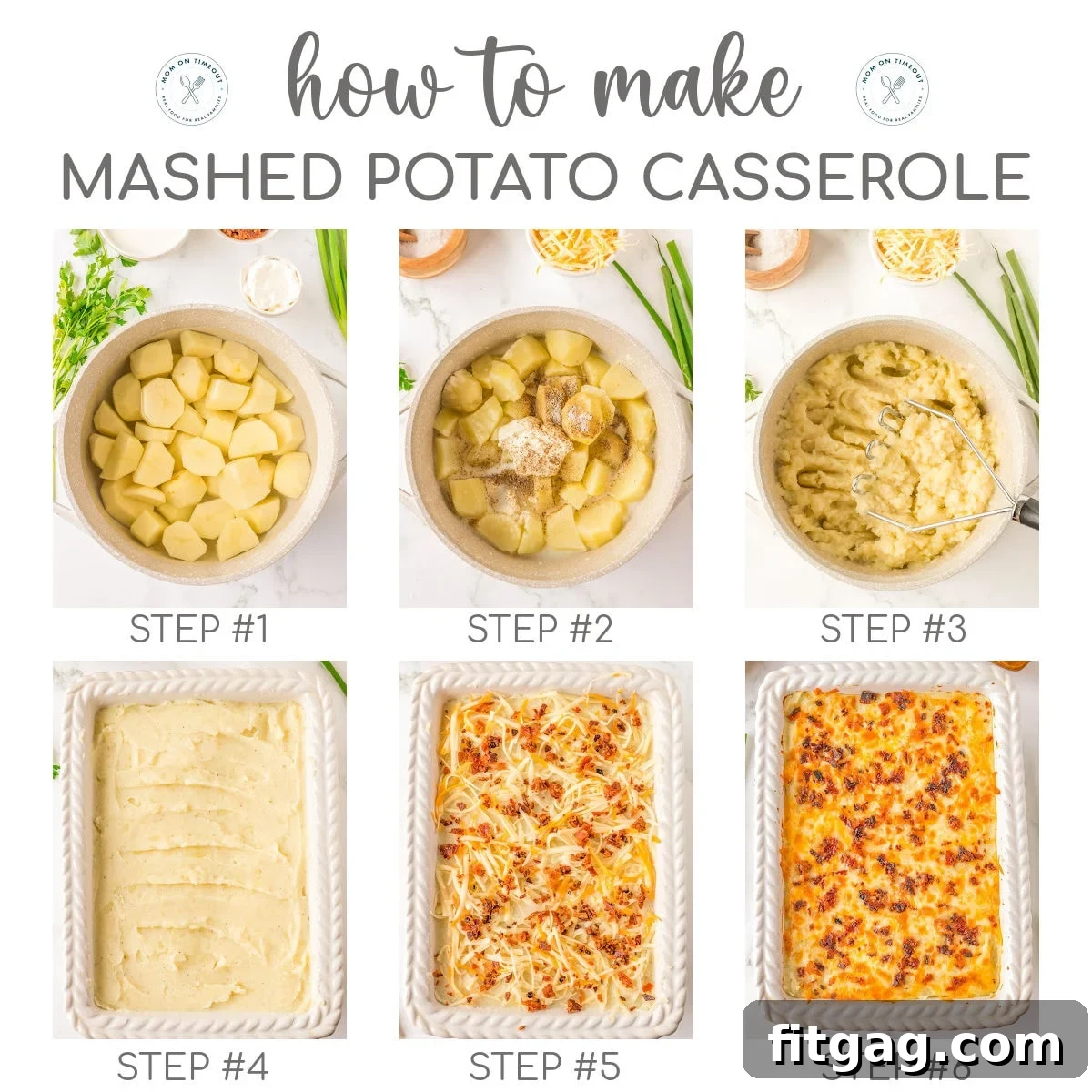 Homestyle Potato Perfection 4 Six image collage showing how to make mashed potato casserole recipe.