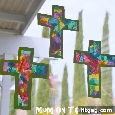 Stained Glass Cross craft in progress with wax paper and tissue paper