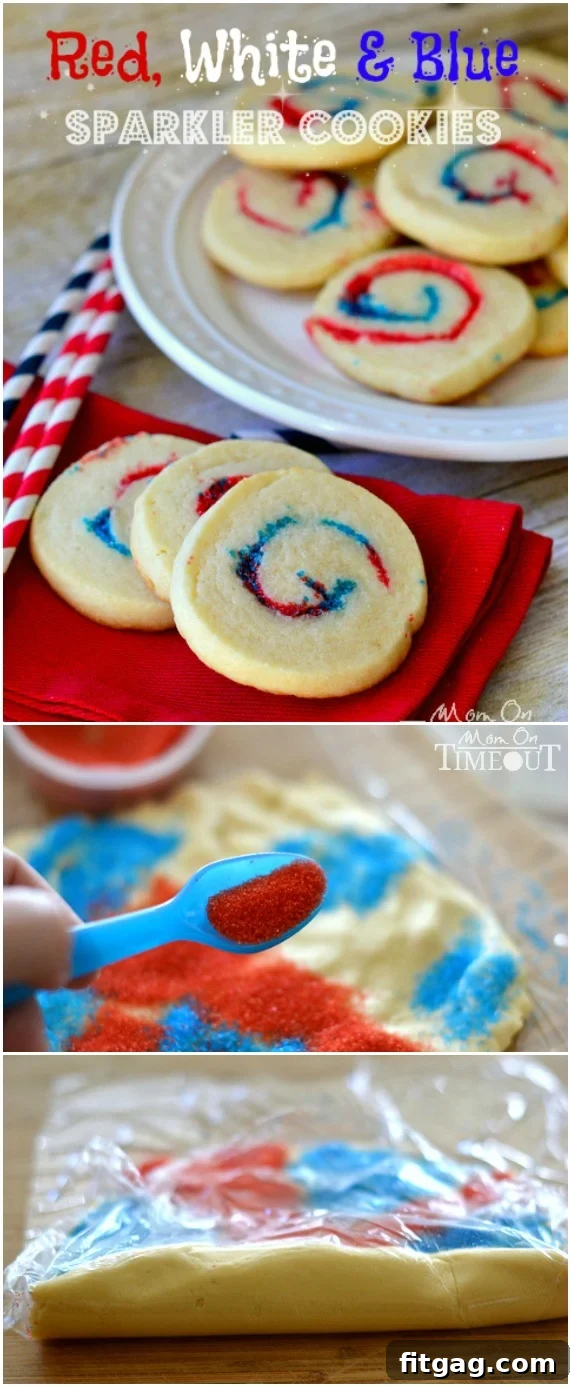 A beautifully arranged platter of patriotic red, white, and blue sparkler cookies, perfect for a festive gathering or holiday celebration.