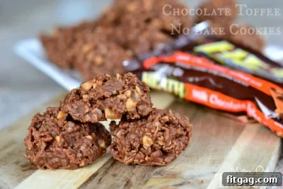 Easy no-bake chocolate cookies with oats, coconut, and Heath toffee bits, offering a quick and delicious treat without turning on the oven.